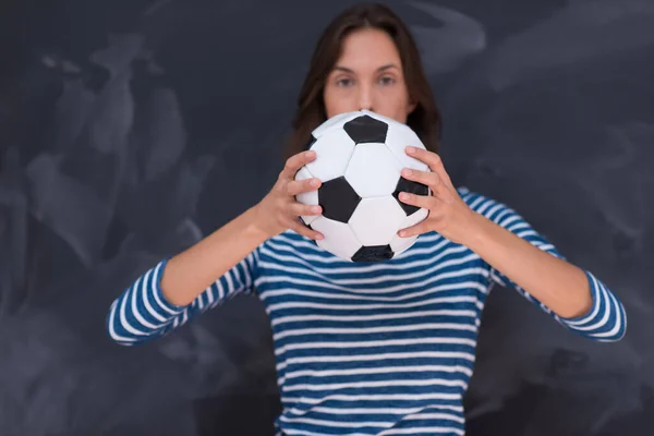 Woman Holding Soccer Ball Front Chalk Drawing Board — Stock Photo, Image