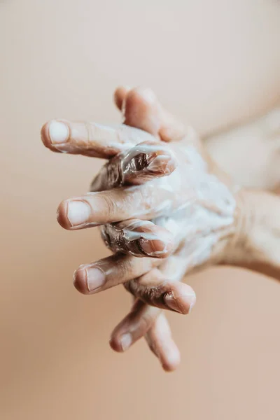 Close Two Old Hands Using Body Lotion Self Care Cosmetics — Stock Fotó