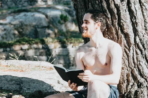 Man Trunks Shirtless Reading Book Tree Summer Day Relax Chill — Stock Photo, Image