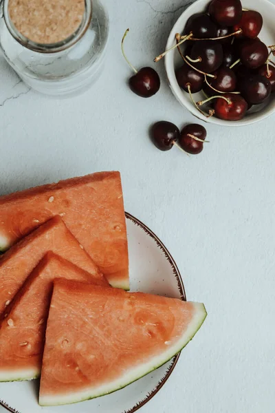 Bunch Summer Fresh Fruits Minimalist White Table Watermelon Cherry Wellness — Stock Photo, Image
