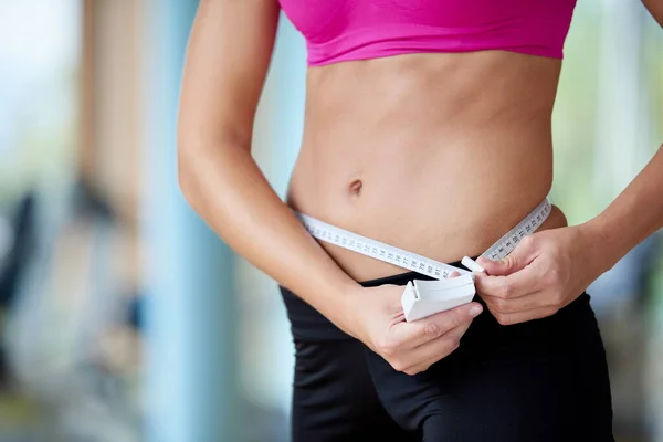 Young Fit Woman Measuring Belly — Stock Photo, Image