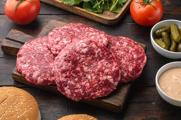 Ingredients Cooking Burgers Raw Ground Beef Meat Cutlets Old Dark — Fotografia de Stock