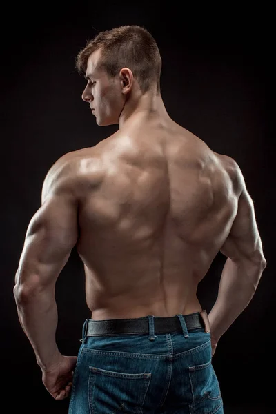 Muscular Bodybuilder Guy Doing Posing Black Background — Stock Photo, Image