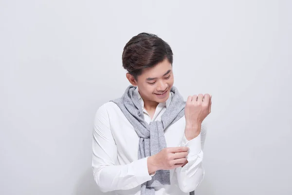Portrait Young Handsome Asian Businessman Fixing Sleeves — Stock Photo, Image