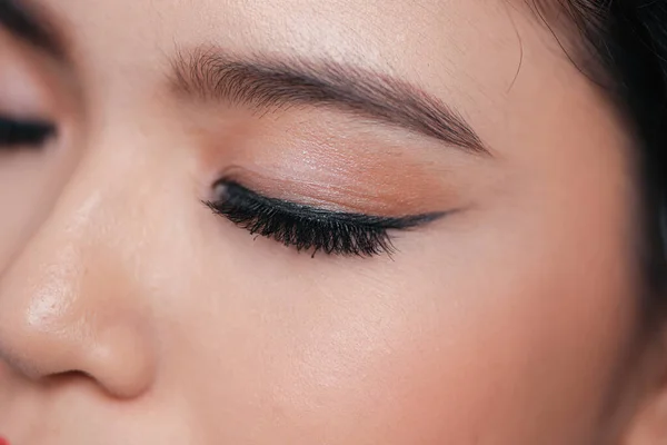 Close Eyes Closed Makeup Brown Eyebrows Black Lashes — Stock Photo, Image