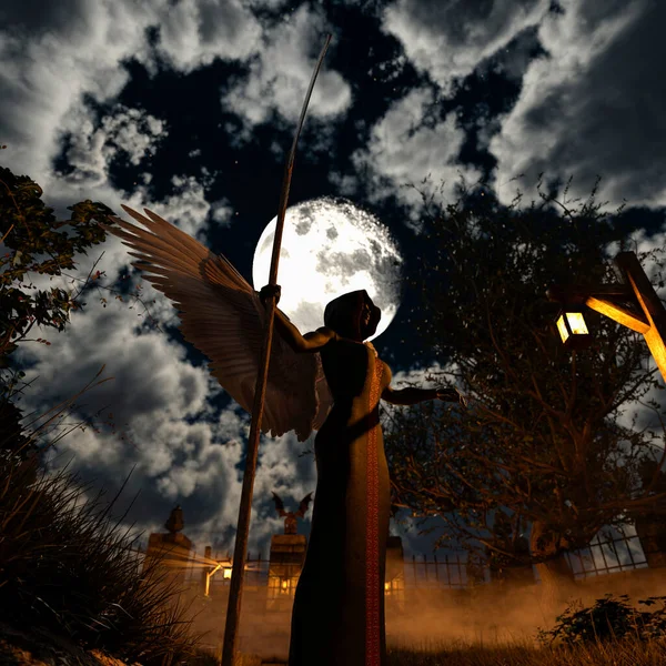 Anioł Śmierci Upiornym Cmentarzu Nocy — Zdjęcie stockowe