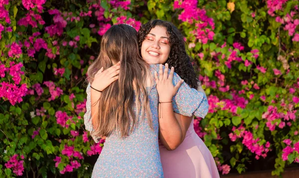 Two Women Friends Hugging Girl Congratulating Hugging Her Friend Women — Stock Photo, Image