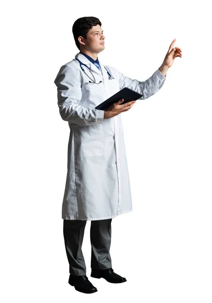 医生在白色背景上孤立的平板电脑 — 图库照片