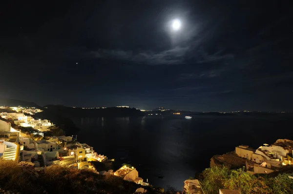 Coucher Soleil Vue Nuit Village Grec Traditionnel Oia Sur Île — Photo