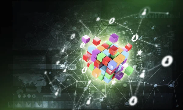 Концепция Интернета Сетевого Взаимодействия Цифровым Кубом Тёмном Фоне — стоковое фото