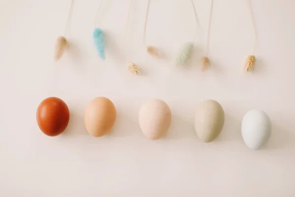 Frohe Ostern Frische Hühnereier Natürlichen Tönen Und Farben Auf Weißem — Stockfoto