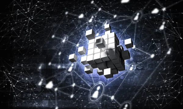 Concept Internet Networking Digital Cube Figure Dark Background — Stock Photo, Image