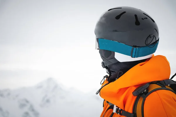 Professional Skier Athlete Red Jacket Helmet Mask Stands Slope Backdrop — Photo