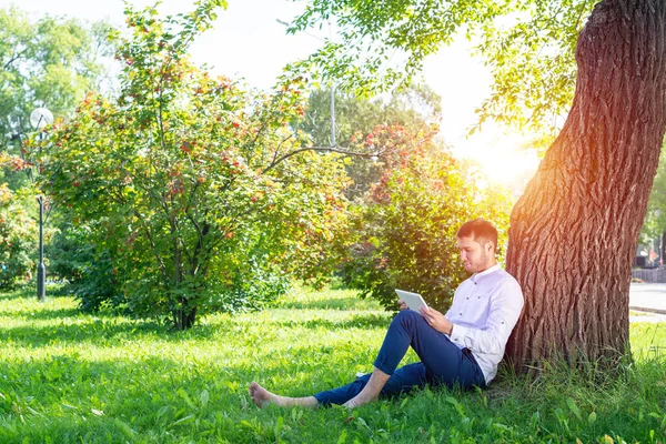 Young Man Using Tablet Computer Tree — Stock Photo, Image