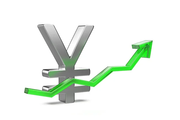 Jen Japoński Lub Chiński Symbol Yuan Zieloną Strzałką Skierowaną Górę — Zdjęcie stockowe