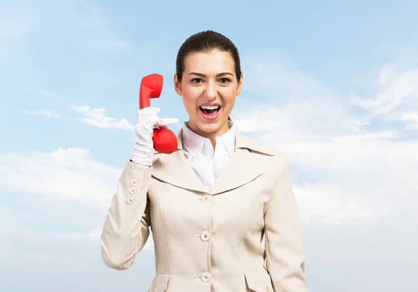 Expressive Woman Holds Handset Phone Distance — Stock Photo, Image