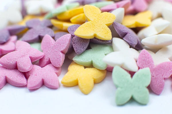 Mariposas Coloridas Espolvoreos Confitería Azúcar Color Pastel — Foto de Stock