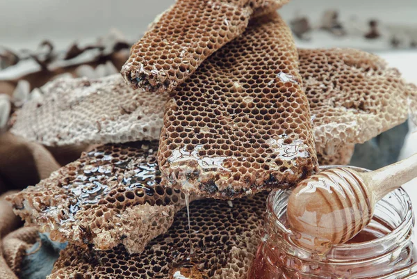 Close Honey Drop Overlapping Fresh Honeycombs — Stok Foto
