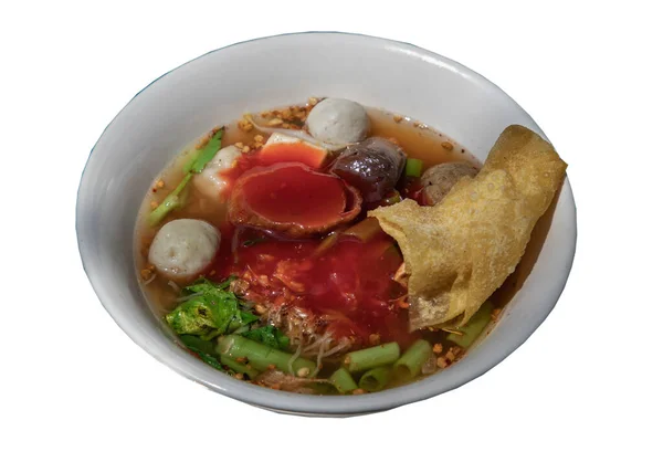Traditional Yentafo Egg Noodles Soup Pink Sauce Fish Balls Shrimp — Stock Photo, Image