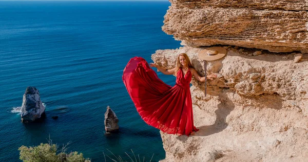 Woman Red Flying Dress Fluttering Wind Backdrop Sea — 图库照片