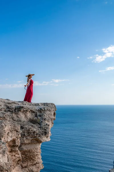 Woman Red Flying Dress Fluttering Wind Backdrop Sea — Stockfoto