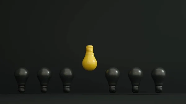 暗い背景に黒い球根の間で黄色の球根が反転し より高い リーダーシップ 素晴らしいアイデアの概念 — ストック写真