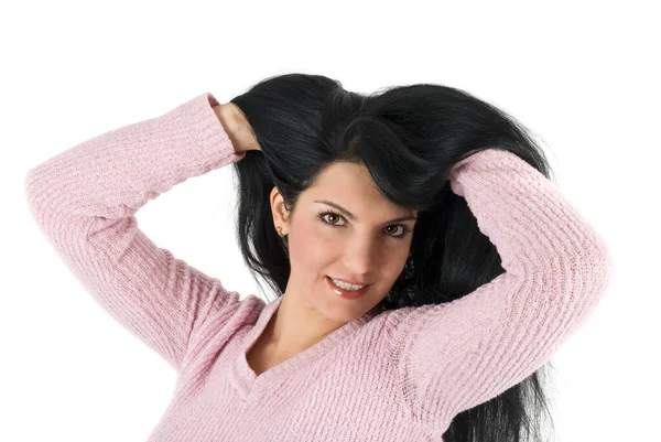 Žena Zdravými Vlasy Pozadí Pohled — Stock fotografie