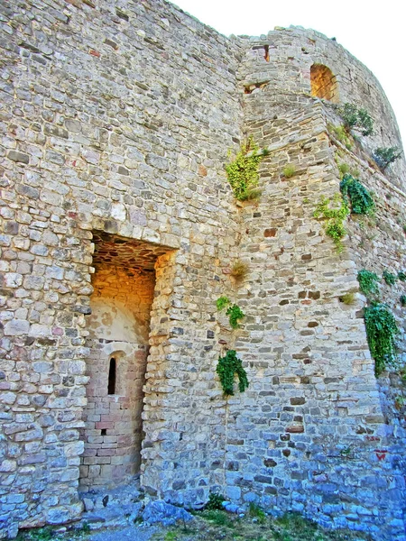 古代の要塞の遺跡 山の緑に覆われたヨーロッパの要塞の古い厚い石の壁 要塞跡の扉とアーチ — ストック写真