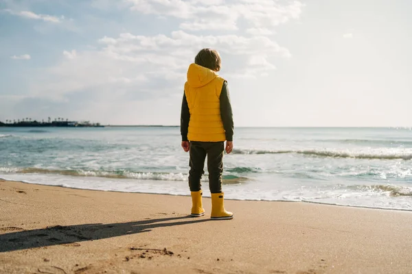 Boy Yellow Rubber Boots Playing Water Sand Beach School Kid — Foto Stock