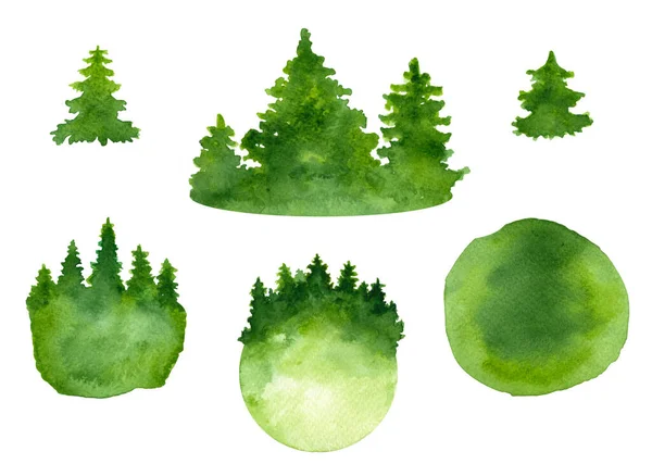 Watercolor Forest Travel Illustration Scandinavian Nature Green Foggy Forest Woodland — Stock Photo, Image