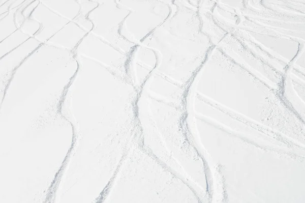 在南极洲群山的雪地上滑行着卷曲的滑雪道 免费滑雪运动的概念 — 图库照片