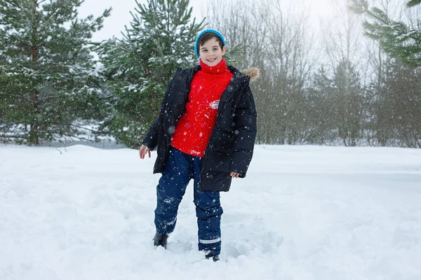 Ένα Χαριτωμένο Χαρούμενο Έφηβο Αγόρι Ένα Χειμερινό Πάρκο — Φωτογραφία Αρχείου