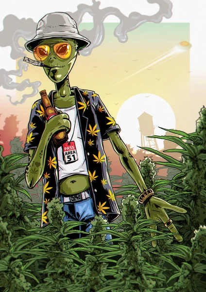 Alien Trinkt Bier Auf Einem Feld Mit Marihuana — Stockfoto