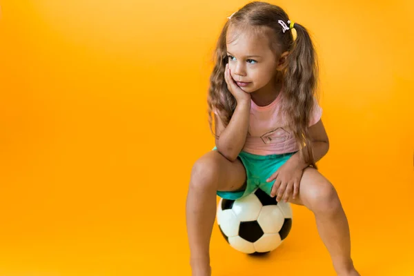 Authentic Cute Smiling Preschool Little Girl Classic Black White Soccer — Stock Photo, Image