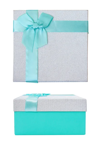 Ασημένιο Glitter Χριστουγεννιάτικο Κουτί Δώρου Τυρκουάζ Φιόγκο — Φωτογραφία Αρχείου