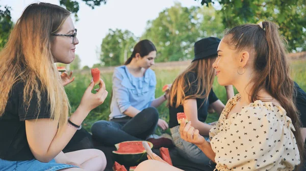 朋友们在城外野餐时吃西瓜很开心 — 图库照片