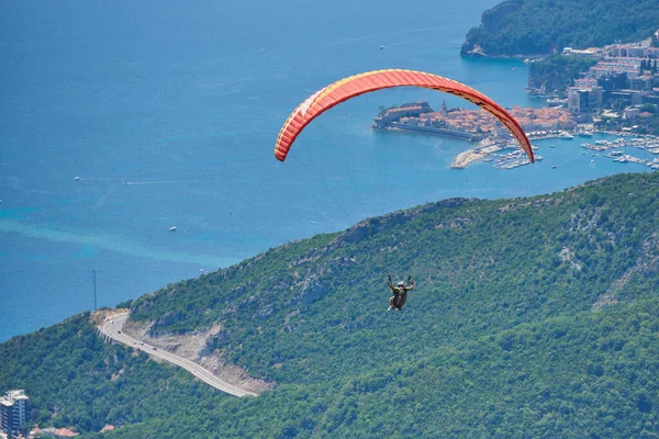 Two Person Fly Paragliding City Budva — Stock Photo, Image
