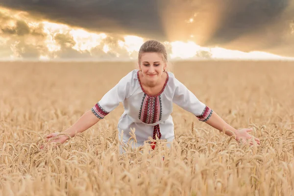 Girl Vyshyvanka Wheat Field — 스톡 사진