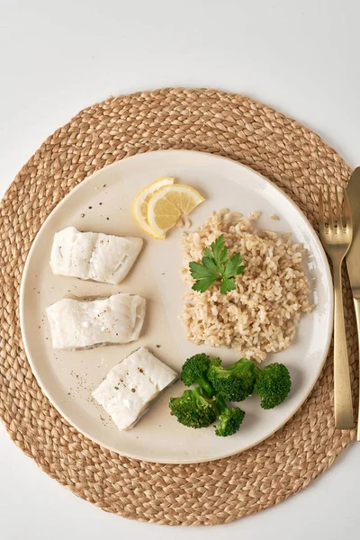 Steamed Cod Brown Rice Vegetables Dash Fodmap Diet Top View — Stock Photo, Image