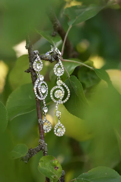 美しさ ジュエリー アクセサリーのコンセプト ダイヤモンドイヤリングを持つ美しい女性 結婚式 — ストック写真