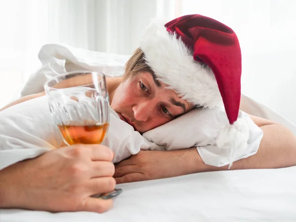 Man Santa Hat Trying Freshen Nip Alco Party Suffering Headache — Stock Photo, Image