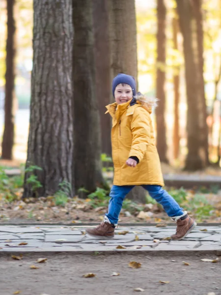 Kleine Jongen Gele Jas Loopt Wandelpad Het Park Herfst Zonnige — Stockfoto