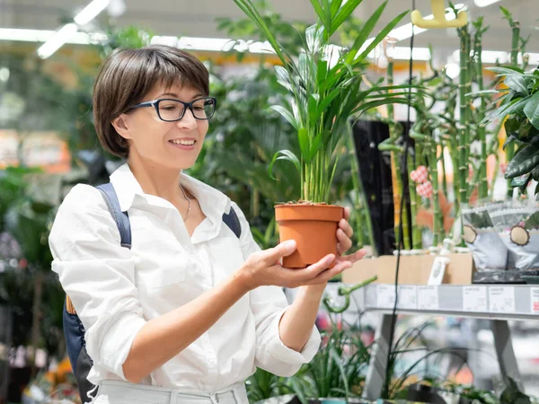 Frau Wählt Pflanzen Für Hause Regale Mit Setzlingen Blühenden Pflanzen — Stockfoto