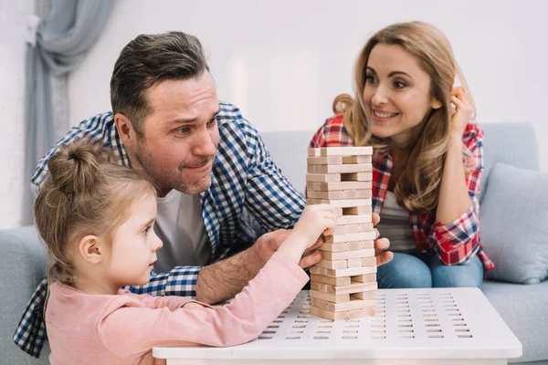 Family Playing Block Wooden Game Table Living Room — Stock Photo, Image