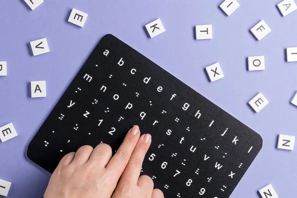Fingers Touching Braille Alphabet Board — Stock Photo, Image