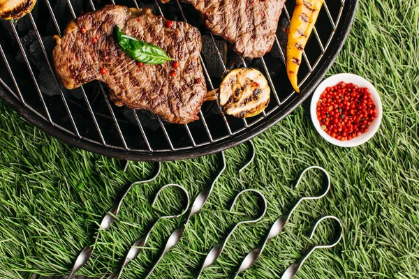 Grilled Steak Vegetable Metallic Skewer Barbecue Grill Green Grass Background — Stock Photo, Image