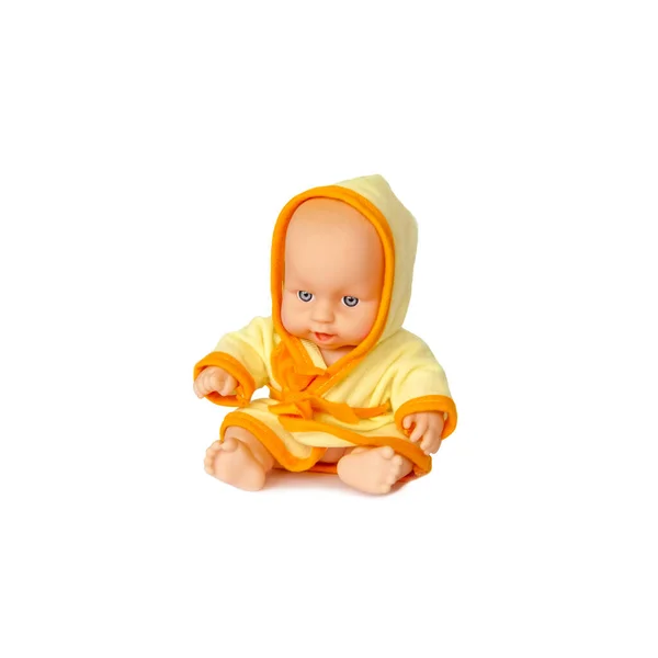 Игрушечный Ребенок Ярком Халате Кукла Белом Изолированном Фоне — стоковое фото