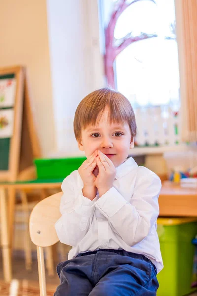 Elegantly Dressed White Shirt Little Boy Sitting Classroom Lessons Portrait —  Fotos de Stock