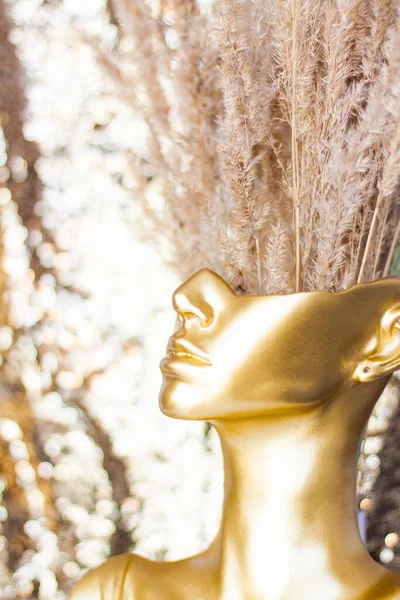 テクスチャの枝を持つ女性のハーフフェイス 黄金の図内装 — ストック写真