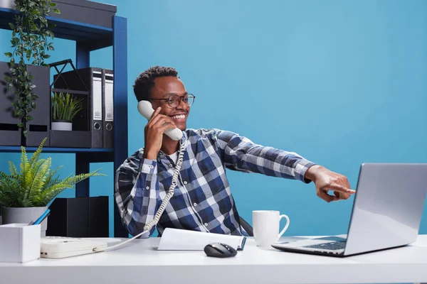 Marketing Company Happy Joyful African American Office Worker Landline Call —  Fotos de Stock